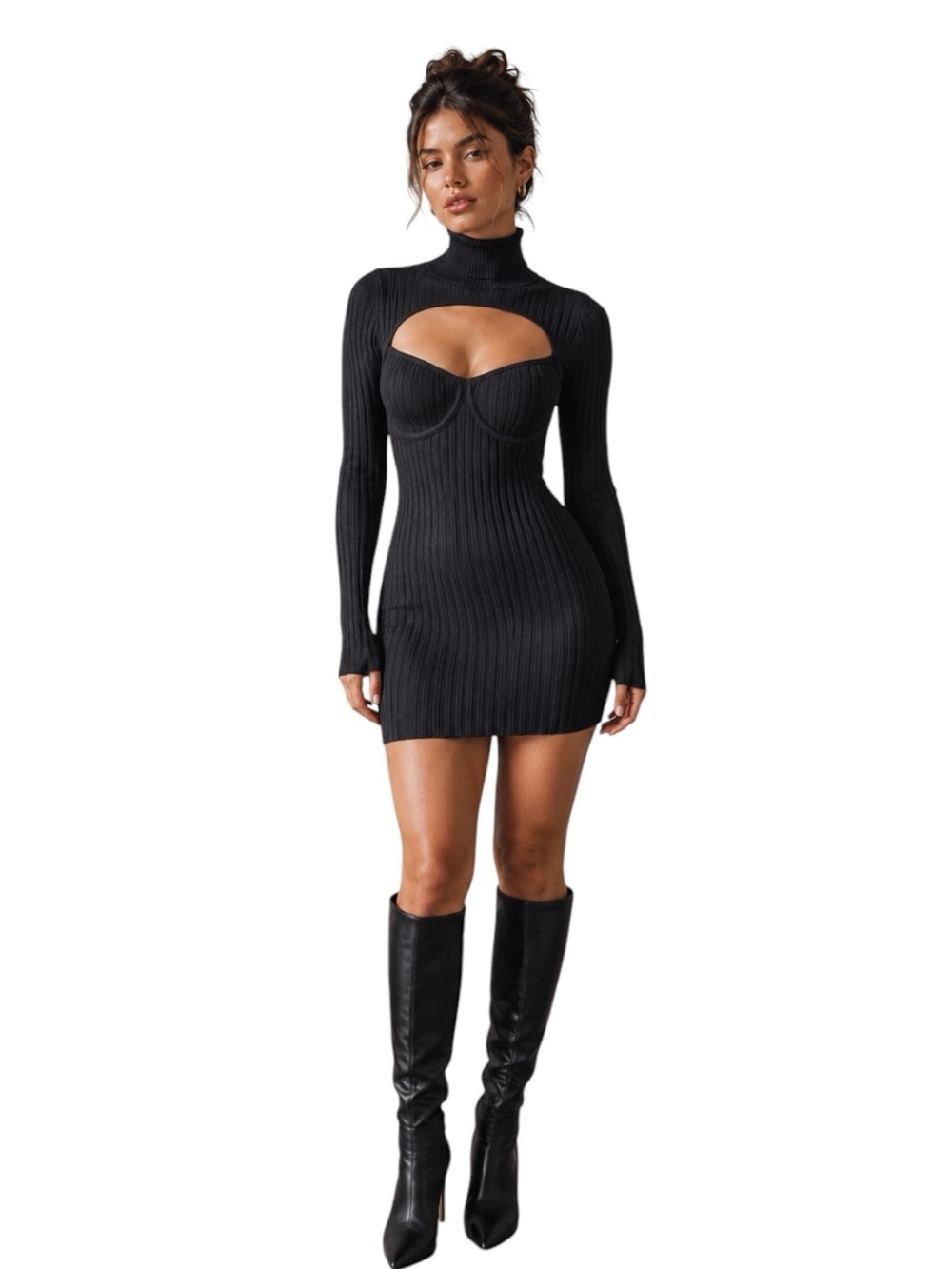 HERA Black Ribbed Cutout Sweater Dress | Turtleneck Long Sleeve Bodycon Mini